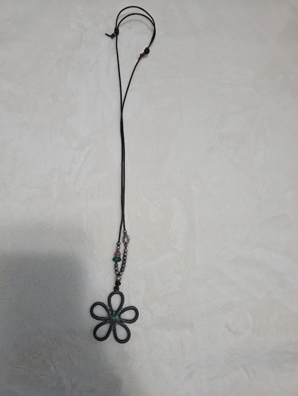 Le Grande Handmade Boho Flower Pendant Patina Necklace Black Turquoise Cord